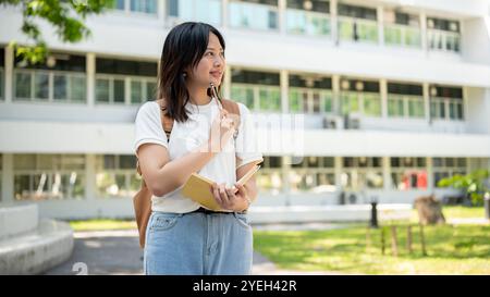Une étudiante d'université féminine asiatique jolie et réfléchie dans des vêtements décontractés avec un sac à dos se tient sur son campus universitaire, tenant un crayon à son menton comme s. Banque D'Images