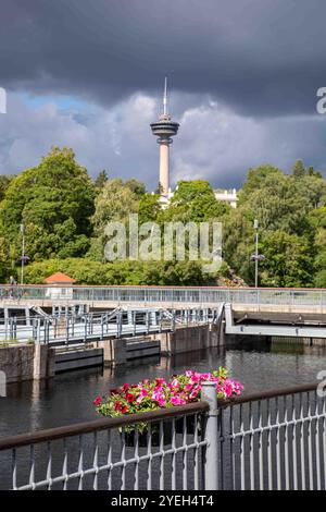 Pétunias sur balustrade planteuse près du réservoir avec pont d'observation Näsinneula en arrière-plan à Tampere, Finlande Banque D'Images