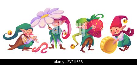 De mignons gnomes portant des chapeaux pointus dans des activités fantaisistes. Petit elfe jouer à la flûte près du ver rose, tenir marguerite, porter la fraise, rouler la pièce d'or. Personnages pour bois magique et histoire de jardin. Illustration de Vecteur
