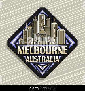 Logo vectoriel pour Melbourne, panneau routier noir décoratif en losange avec illustration de ligne du célèbre paysage de la ville de melbourne, aimant de réfrigérateur de conception artistique avec Illustration de Vecteur