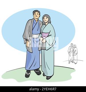 Couple d'amoureux portant le vecteur d'illustration de vêtements japonais traditionnels isolé sur fond blanc Illustration de Vecteur