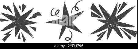 Formes d'étoile de crayon. Figurines pastel dessinées à la main. Croquis au crayon noir. Peinture vectorielle abstraite. Eléments de collage à la craie. Grunge étincelles et bio Illustration de Vecteur