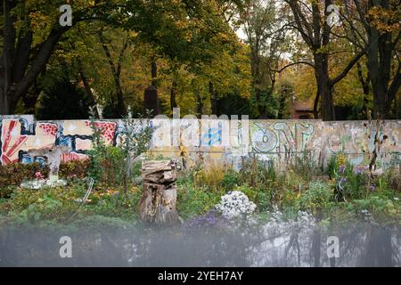 Berlin, Allemagne. 29 octobre 2024. Une section du mur de Berlin dans le jardin NiemandsLand au mémorial de Bernauer Strasse. Crédit : Sebastian Gollnow/dpa/Alamy Live News Banque D'Images