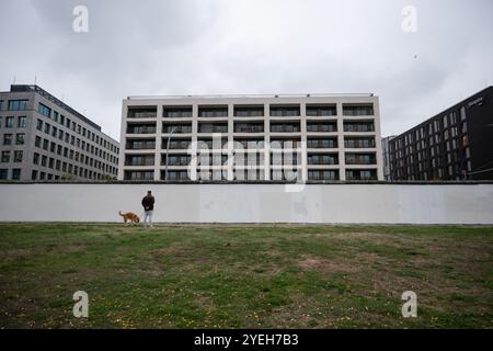 Berlin, Allemagne. 29 octobre 2024. Un homme marche le long de la partie du mur de Berlin qui est maintenant l'East Side Gallery. Crédit : Sebastian Gollnow/dpa/Alamy Live News Banque D'Images