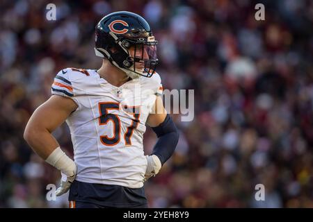 Landover, Maryland, États-Unis. 27 octobre 2024. Jack Sanborn (57), linebacker des Chicago Bears, lors du match entre les Chicago Bears et les Washington Commanders, joué à Landover, dans le Maryland. Cory Royster/Cal Sport Media/Alamy Live News Banque D'Images