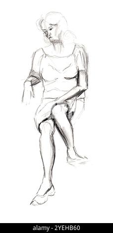 Croquis au crayon d'une femme. Dessin au trait. Assises, jambes et bras à différents niveaux. Différentes nuances de gris et de noir. Isolé sur fond blanc. Banque D'Images