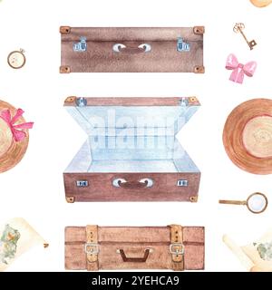 Valises, parchemin avec carte de l'Australie, chapeau de soleil, loupe aquarelle motif sans couture isolé sur blanc. Dessiné à la main pour papeterie, souvenir Banque D'Images