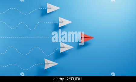 Ligne de repère rouge individuelle autre. Concept Business et leaderplane. Illustration 3D.rendu 3D sur fond bleu. Banque D'Images