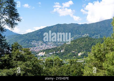 Randonnée dans le parc national Shivapuri de Katmandou Népal paysages de flore naturelle de Tarebhir avec chèvres et troupeau dans lointain Banque D'Images