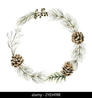Branches de conifères et pommes de pin. Couronne d'épicéa, pin, cèdre, branches de sapin et pommes de pin. Illustration isolée florale aquarelle pour Noël w Banque D'Images