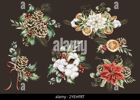 Arrangements floraux d'hiver pour les vacances de Noël. Ensemble d'illustrations florales vintage isolées dessinées à la main à l'aquarelle sur fond sombre pour wint de Noël Banque D'Images