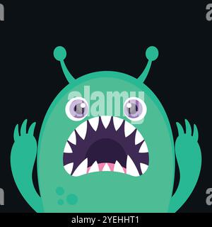 Monstre vert de dessin animé mignon avec grande bouche et crocs. Visage de monstre drôle dans un style enfantin sur fond noir. Illustration vectorielle Illustration de Vecteur