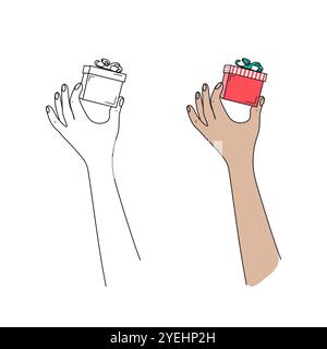 Main humaine tenant une boîte cadeau. Dessin au trait. Boîte cadeau avec noeud. Illustration vectorielle dessinée à la main. Illustration de Vecteur