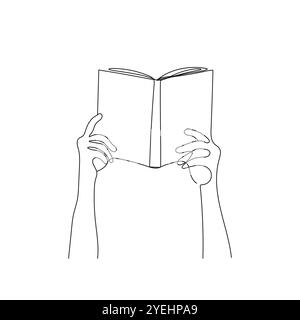 Mains tenant livre ouvert dans un style de dessin à une ligne. Lecture, concept d'éducation. Illustration vectorielle dessinée à la main. Illustration de Vecteur