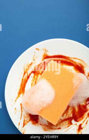 Assiette ronde blanche sale avec sauce rouge, éponge de mousse orange vaisselle de nettoyage. Vue de dessus. Photo verticale Banque D'Images