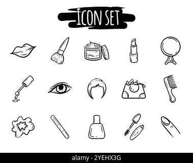 Ensemble noir et blanc d'icône dessiné à la main de maquillage, manucure, soins du corps, beauté. Signes et symboles pour la conception du salon de beauté Illustration de Vecteur