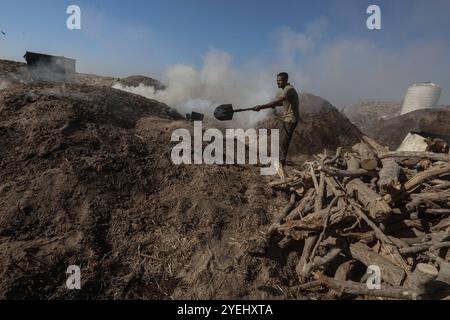 Des travailleurs palestiniens râtelent du bois brûlé sur un site de production de charbon de bois à Khan Yunis dans le Sud de la bande de Gaza des travailleurs palestiniens râtelent du bois brûlé sur un site de production de charbon de bois à Khan Yunis dans le Sud de la bande de Gaza le 30 octobre 2024 dans le cadre de la guerre en cours dans le territoire palestinien entre Israël et le Hamas. Photo de Omar Ashtawy apaimages Khan Yunis bande de Gaza territoire palestinien 311024 KhanYunis OSH 0043 Copyright : xapaimagesxOmarxAshtawyxxapaimagesx Banque D'Images
