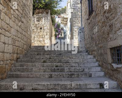 Marches en pierre, ruelle étroite dans le vieux centre-ville, ville de Hvar, île de Hvar, Dalmatie, Croatie, Europe Banque D'Images