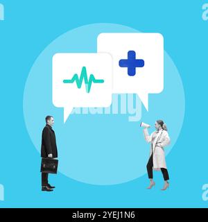 Collage d'art contemporain. Médecin et patient s'engagent dans un dialogue constructif, illustrant l'importance de la communication dans les soins de santé. Banque D'Images