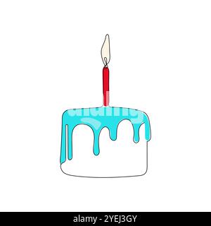 Gâteau d'anniversaire avec bougie sur le dessus dans le style de dessin d'art de ligne continue. Croquis linéaire coloré minimaliste isolé sur fond blanc. Dessiné à la main Illustration de Vecteur