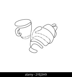 Croissant et tasse de café dans un style de dessin de ligne. Thème du petit déjeuner avec pâtisserie et café pour café, boutique, backery. Illustration vectorielle dessinée à la main. Illustration de Vecteur