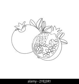 Fruit de grenade dans un style de dessin de ligne. Grenade biologique saine entière et demi tranchée. Illustration vectorielle dessinée à la main. Illustration de Vecteur