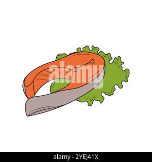 Steak de poisson de saumon sur une feuille de laitue. Dessin au trait. Illustration vectorielle dessinée à la main. Illustration de Vecteur