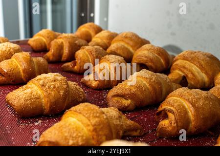 Croissants ou bagels avec confiture sur le plancher de production. Mini boulangerie, pâtisseries sucrées. Photo de haute qualité Banque D'Images