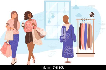 Shopping. Heureux acheteurs de copines en magasin. Fille ethnique claire et foncée à la peau avec café à emporter et paquets près d'un mannequin féminin en robe et Illustration de Vecteur