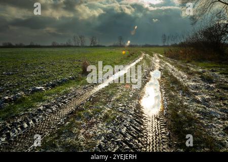 Chemin de terre dans le champ rural avec peu de neige et nuage sombre sur le ciel, Nowiny, Pologne Banque D'Images