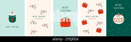 Set cartes de Noël avec cadeau de Noël, bougie, boule, éléments de noël. Illustrations vectorielles Illustration de Vecteur