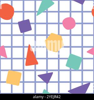 Motif sans couture d'aspect rétro avec maille violette et différentes formes géométriques dessus. Illustration de Vecteur