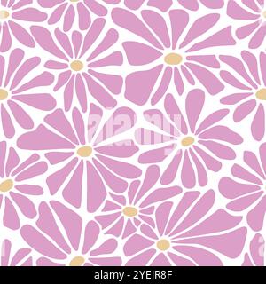 Motif moderne groovy funky avec des fleurs roses sur fond blanc Illustration de Vecteur