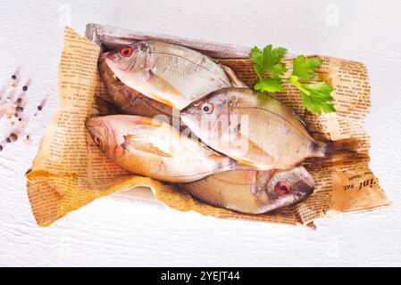 Poisson cru sur papier sur une table. Ils semblent frais et prêts à cuire. Banque D'Images