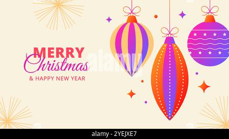 Boules de Noël et ornements avec des couleurs dégradées suspendues sur un fond beige. Bannière de vacances. Illustration vectorielle Illustration de Vecteur
