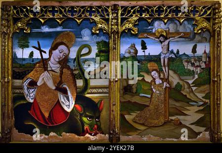 Sainte Marguerite et Sainte Marie-Madeleine début XVIe siècle, Languedoc, Musée des Beaux-Arts de Dijon France (Sainte Marguerite est représentée émergeant du ventre d'un dragon qu'elle fend à l'aide de sa croix. Figure Sainte Marie Madeleine au pied de la Croix. ) Panneau de retable . Banque D'Images