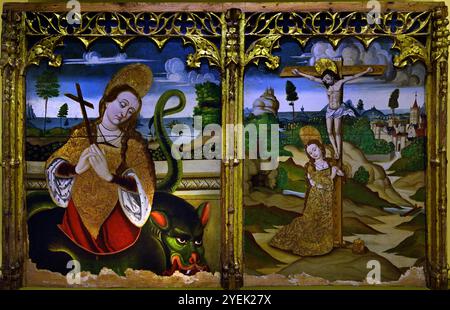 Sainte Marguerite et Sainte Marie-Madeleine début XVIe siècle, Languedoc, Musée des Beaux-Arts de Dijon France (Sainte Marguerite est représentée émergeant du ventre d'un dragon qu'elle fend à l'aide de sa croix. Figure Sainte Marie Madeleine au pied de la Croix. ) Panneau de retable . Banque D'Images
