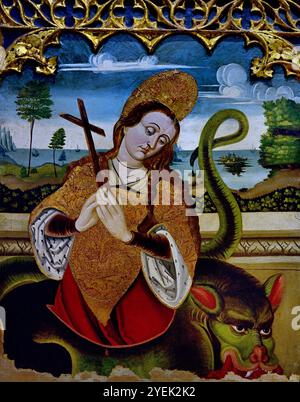 Sainte Marguerite et Sainte Marie-Madeleine début XVIe siècle, Languedoc, Musée des Beaux-Arts de Dijon France (Sainte Marguerite est représentée émergeant du ventre d'un dragon qu'elle fend à l'aide de sa croix. Figure Sainte Marie Madeleine au pied de la Croix. ) Panneau de retable . Banque D'Images