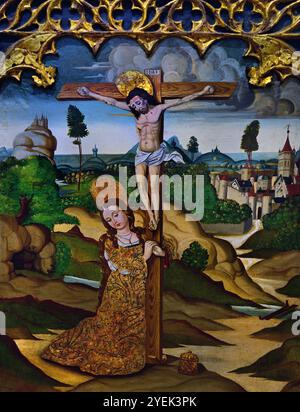 Sainte Marguerite et Sainte Marie-Madeleine début XVIe siècle, Languedoc, Musée des Beaux-Arts de Dijon France (Sainte Marguerite est représentée émergeant du ventre d'un dragon qu'elle fend à l'aide de sa croix. Figure Sainte Marie Madeleine au pied de la Croix. ) Panneau de retable . Banque D'Images