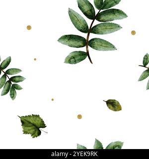 motif aquarelle sans couture. Feuilles de chêne, tilleul, arbres rowan avec des cercles dorés. Composition dans un style réaliste avec des nuances de vert, marron et or. Idéal pour les conceptions saisonnières la beauté de l'automne Banque D'Images