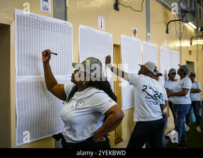 Gaborone, Botswana. 31 octobre 2024. Les fonctionnaires comptent les bulletins de vote dans un bureau de vote à Gaborone, Botswana, 31 octobre 2024. Mercredi, des ressortissants botswanais se sont rendus dans les bureaux de vote pour voter en faveur de nouveaux parlementaires et des autorités locales. Selon la loi électorale du pays d'Afrique australe, le scrutin déterminera 61 membres de l'Assemblée nationale et 609 conseillers locaux, le parti qui détient au moins 31 sièges au parlement devant être déclaré vainqueur. Crédit : Han Xu/Xinhua/Alamy Live News Banque D'Images