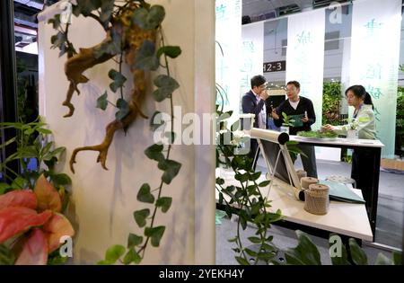 (241031) -- SHANGHAI, Oct. 31, 2024 (Xinhua) -- les visiteurs échangent des idées sur le stand d'une entreprise présentant la technologie de plantation hors sol lors d'une exposition de 2024 Journée mondiale des villes en Chine et 2024 SDG Cities Global Conference à Shanghai, Chine orientale, Oct. 31, 2024. La Journée mondiale des villes est née de l'exposition universelle de Shanghai de 2010, en particulier de la Déclaration de Shanghai, qui prônait l'idée de « meilleure ville, meilleure vie ». Célébrée chaque année le 31 octobre, la journée promeut le dialogue urbain international. Le CIT mondial 2024 a pour thème « construire des villes centrées sur les personnes pour une vie meilleure » cette année Banque D'Images