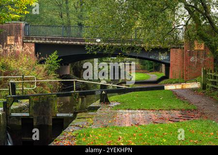 Une écluse au pont 25 sur la voie navigable du canal de Caldon en automne à Stockton Brook, Angleterre, Royaume-Uni. Banque D'Images