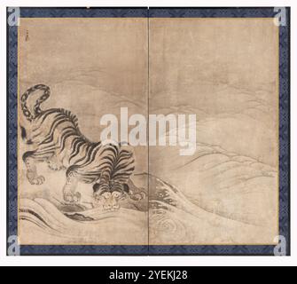 Tigre buvant d'une rivière Raging titre alternatif : Mizu nomi tora zu byōbu Kanō Sansetsu (Japon, 1590-1651) circa 1640 peintures ; écrans écran pliant à deux panneaux ; encre sur papier Banque D'Images