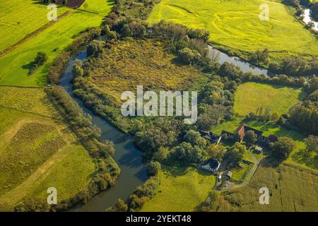 Luftbild, Fluss Lippe Mäander, Lippeaue Wiesen und Felder, Haus Horst Kommende, Lippe, Waltrop, Ruhrgebiet, Nordrhein-Westfalen, Deutschland ACHTUNGxMINDESTHONORARx60xEURO *** vue aérienne, méandre de la rivière Lippe, prairies et champs de plaine inondable de Lippe, Haus Horst Kommende, Lippe, Waltrop, région de la Ruhr, Rhénanie du Nord-Westphalie, Allemagne ACHTUNGxMINDESTHONORARx60xEURO Banque D'Images