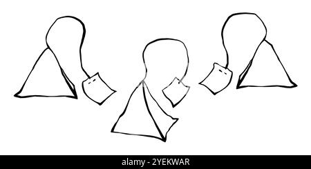 Sachets de thé pyramidaux dessinés à la main avec étiquettes vierges ensemble de dessin à l'encre de contour à main levée Illustration de Vecteur