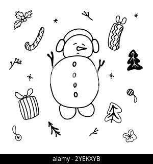 Bonhomme de neige contour noir et blanc doodle vecteur ensemble d'éléments de conception vectorielle pour étiquettes cadeaux, autocollants, cartes de voeux, papier d'emballage Illustration de Vecteur