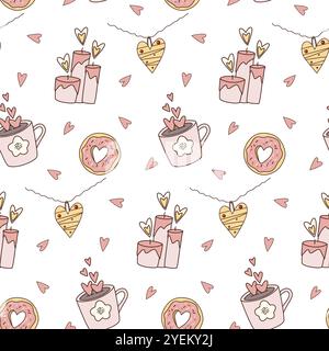Saint-Valentin dessin animé motif sans couture romantique dessiné à la main. Éléments roses sur fond blanc. Café, beignet, coeurs, collier, bougies. Illustration de Vecteur