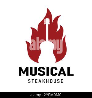 Flamme de feu avec guitare instrument musical pour Steakhouse Restaurant Bar Night Club Pub logo Design Illustration de Vecteur