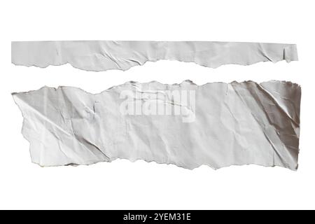 Morceau froissé de long papier blanc déchiré avec des bords irréguliers sur fond blanc avec chemin de détourage Banque D'Images